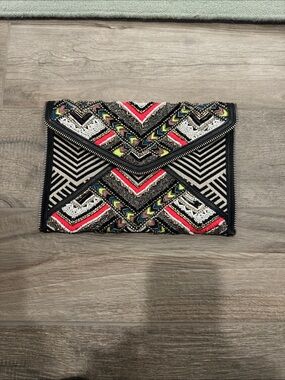 Rebecca Minkoff Black Envelope Clutch with Neon Pink, Yellow & White Beading